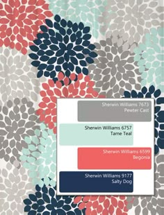 an image of a flower pattern on the phone screen with text that reads, shower curtain in navy, coral pink, and gray