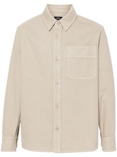 beige cotton classic collar long sleeves with buttoned cuffs chest patch pocket embroidered logo front button fastening Beige Shirt With Buttoned Pockets, Beige Collared Shirt With Buttoned Pockets, Beige Cotton Shirt With Button Closure, Beige Cotton Shirt With Buttoned Pockets, Beige Cotton Tops With Welt Pockets, Beige Cotton Button-up Shirt, Beige Cotton Shirt With Pockets, Neutral Shirt With Button Closure For Fall, Beige Cotton Tops With Patch Pockets