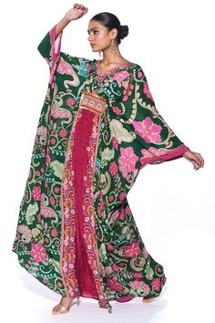 Green Printed V-neck Kaftan, Green V-neck Printed Kaftan, Traditional Green Dress With Kimono Sleeves, Green V-neck Free Size Kaftan, Green Bohemian Tunic Kaftan, Festive Green V-neck Kaftan, Green Silk Kaftan With Kimono Sleeves, Green Silk Tunic Kaftan, Traditional Green Floral Print Kaftan