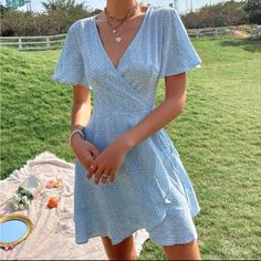 Blue Ruffle Trim Wrap Dress With Side Tie. Leopard Print Detail. Perfect For Summer, Brunch, Picnics, Etc. Blue Summer Dress Outfit, Light Blue Summer Dress, Casual Wrap Dress, Summer Dresses With Sleeves, Denim Dress Outfit, Blue Dress Short, Marine Uniform, Blue Summer Dresses, Light Blue Dresses