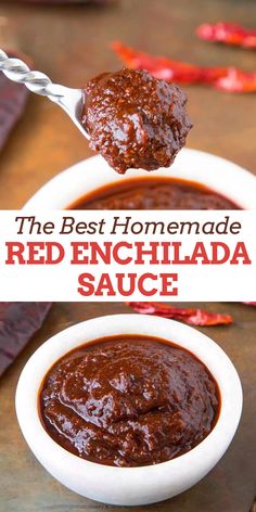 the best homemade red enchilada sauce in a white bowl with a spoon