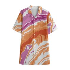 Lesbian Pride Hawaiian shirt - 98% cotton, 2% Spandex. Comfortable and skin-friendly, soft and breathable. Classic Hawaiian shirt, Roman collar, comfortable and breathable lightweight fabric providing a cool and pleasant wearing experience during a hot summer. Perfect for daily wear. Sizes XS to 6XL Design based on the Lesbian Pride flag. Color design created using poured paint in Agate pattern. Perfect gift for Lesbians, Sapphics, WLW, GLG and LGBTIQ+. Ideal gift for a friend or relative identi Relaxed Fit Multicolor Print Shirt For Beach, Casual Multicolor Rainbow Print Shirt, Multicolor Relaxed Fit Camp Shirt, Orange Graphic Print Collared Tops, Collared T-shirt For Beach With Relaxed Fit, Multicolor Camp Shirt With Graphic Print And Relaxed Fit, Relaxed Fit Multicolor Camp Shirt With Graphic Print, Fitted Summer Shirt For Loungewear, Fitted Shirt For Summer Loungewear