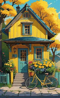 a painting of a yellow house with flowers and a bicycle