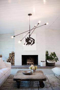 a living room filled with furniture and a fire place in front of a white wall