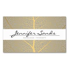 a gold and white business card with the words, jenny's sands massage therapy