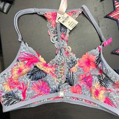 Bralette Size Small New With Tags Pink Floral Print Beach Bra, Summer Floral Print Pink Bra, Comfortable T-back Bra In Pink, Pink T-back Bra, Pink Bra For Spring Vacation, Multicolor Beach Bra For Spring, Pink Bra For Beach In Spring, Victoria Secret Pink Bras, Vs Bras