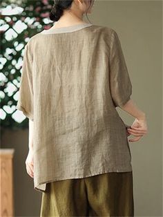 Description Product ID: TP2032659 Material: Linen, Polyester Pattern: Embroidered Sleeve: Short Sleeve Neckline: Round Neck Closure Type: Pullover Season: Summer Style: Casual, Fashion, Simple Occasion: Daily, Outdoor Activities, Vacation, Street, Home Package included: 1* Shirt Size Chart (Asian Size): Please allow 1-3 cm measured error. Tag Size Length Chest Shoulder Sleeve Length cm | inch cm | inch cm | inch cm | inch M 58-71cm | 22.8''-27.9'' 108cm | 42.4'' 39cm | 15.3'' 31cm | 12.2'' L 59-72cm | 23.2''-28.3'' 112cm | 44.0'' 40cm | 15.7'' 32cm | 12.6'' XL 60-73cm | 23.6''-28.7'' 116cm | 45.6'' 42cm | 16.5'' 33cm | 13.0'' XXL 61-74cm | 24.0''-29.1'' 120cm | 47.2'' 43cm | 16.9'' 34cm | 13.4'' Cotton Short Sleeve Solid Color Blouse, Solid Color Short Sleeve Cotton Blouse, Short Sleeve Solid Color Cotton Blouse, Cotton Blouse With Short Sleeves In Solid Color, Khaki Solid Color Short Sleeve Tops, Brown Cotton V-neck Shirt, Khaki Short Sleeve Top, Embroidered Solid Color Short Sleeve Tops, Embroidered Short Sleeve Solid Tops