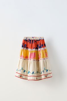 PRINTED EMBROIDERED SKIRT - Blue | ZARA United States Relaxed Cotton Skirt With Embroidery, Cotton Embroidered Skirt With Relaxed Fit, Cotton Skirt With Embroidered Hem, Long Cotton Skirt With Embroidered Hem, Casual Cotton Skirt With Embroidered Hem, Playful Cotton Skirt For Spring, Embroidered Cotton Flowy Skirt, Embroidered Flowy Cotton Skirt, Flowy Cotton Skirt With Embroidery