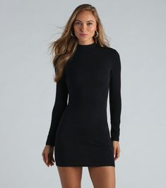 High Appeal Mock Neck Bodycon Mini Dress | Windsor Fitted High Neck Mini Dress For Fall, Sleek Long Sleeve Mini Dress For Fall, Stretch Long Sleeve Bodycon Dress For Work, High Neck Stretch Mini Dress, Sleek High Neck Spring Bodycon Dress, High Neck Bodycon Dress For Workwear In Fall, Sleek Long Sleeve Elastane Mini Dress, Sleek Stretch Long Sleeve Bodycon Dress, Sleek Long Sleeve Stretch Bodycon Dress