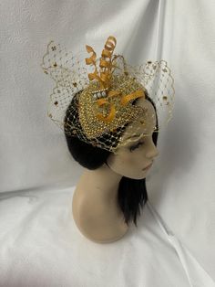 Absolutely beautiful! This is a couture and elegant unique cut design OOAK (one of a kind) vintage 1920 flapper styled pearl beaded with rhinestone jeweled half hat fascinator with metallic gold dotted veil    perfect for weddings, Mother of the Bride hat, Bridal fascinator hat, Church hats, COGIC women convention hats, tea parties, cocktail parties  and special occasion headpiece. Looking for a unique handmade fashion lover gift for women, then this is a perfect gift.  E A S Y  T O  W E A R  Fo Gatsby Style Costume Hat For Kentucky Derby Party, Kentucky Derby Gatsby Style Party Hat, Flapper Style Fascinator For Kentucky Derby Evening, Flapper Style Evening Fascinator For Kentucky Derby, Fitted Flapper Headpieces For Evening, Gatsby Mini Hat For Royal Ascot Evening, Fitted Flapper Style Headpiece For Evening, Gatsby Style Wedding Headband Hat, Gatsby Style Wedding Hat And Headpieces