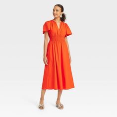 Women's Flutter Short Sleeve Poplin Midi A-Line Dress - A New Day™ Orange S Midi Aline Dress, Sheer Maxi Dress, Target Dress, Short Sleeve Maxi Dresses, Ballet Dress, Backless Mini Dress, Poplin Dress, Pleated Fabric, Midi Short Sleeve Dress