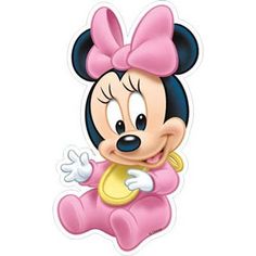 a cartoon minnie mouse with a pink bow on her head and yellow bib around its neck