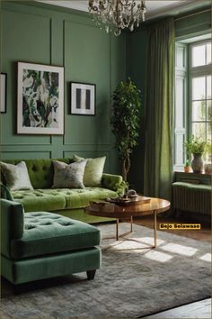 a living room with green walls and furniture