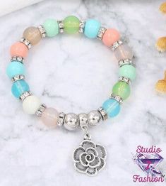 Adjustable Pastel Beaded Bracelets, Pastel Beads, Trendy Bracelets, Floral Bracelet, Unique Bracelets, Pretty Pastel, Flower Charm, Silver Flowers, Stretch Bracelets