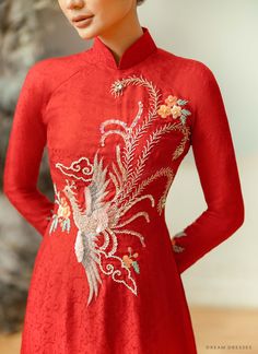 Elegant Ceremonial Dress With Floral Embroidery, Long Sleeve Dresses With Intricate Embroidery For Ceremonial Occasions, Traditional Ao Dai With Floral Embroidery For Wedding, Traditional Ao Dai With Intricate Embroidery For Festive Occasions, Festive Wedding Ao Dai With Floral Embroidery, Traditional Ao Dai With Floral Embroidery For Ceremony, Intricate Embroidery Ao Dai For Wedding, Elegant Ceremonial Dress With Intricate Embroidery, Ceremonial Fitted Dress With Floral Embroidery