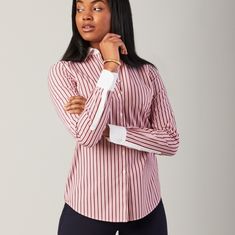 New York & Co Striped Shirt Lightweight, Soft Material For Comfort Pointed Collar Button Down Cuff Sleeves ,98% Cotton 2% Spandex Bust:22" Waist 18" Length: White Top With Striped Collar For Workwear, Classic Pink Top With Striped Collar, Classic Red Top With Striped Collar, Classic Red Cotton Blouse, Classic Red Workwear Top, Red Shirt With Striped Collar For Spring, Green Lace Blouse, Silk Blouses, Iron Shirt