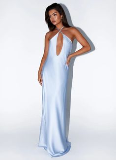 Noir Symphony Maxi Dress - Ice Blue – Peppermayo US Formal Halter Dress With Keyhole Back, Halter Neck Dress With Keyhole Back For Evening, Halter Neck Tie Back Backless Dress For Prom, Elegant Halter Neck Maxi Dress With Keyhole Back, Halter Neck Backless Dress With Back Opening For Prom, Evening Halter Dress With Keyhole Back, Elegant Halter Dress With Keyhole Back, Evening Halter Dress With Strappy Tie Back, Chic Halter Neck Dress With Keyhole Back