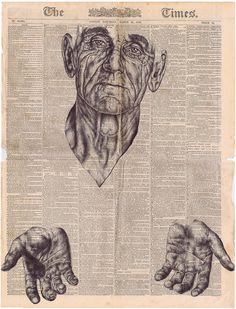 an old newspaper with two hands on top of it and the image of a man's face