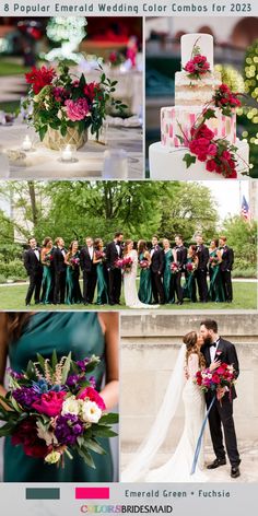 the wedding party is posing for pictures in their green dresses and tuxedo suits