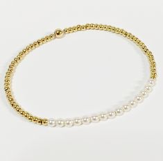 "Looks amazing dainty little bracelet perfect gift ! Very classy. These are 3mm Swarovski pearls with 14 kt gold 2 mm beads. We use only the BEST gold filled components, and with proper care, cleaning and storage your items can last a lifetime. \"Can\" and \"will\" are two different things, however a variety of factors can affect the longevity and beauty of our pieces. It is best to avoid swimming, exercising, showering and sleeping in your jewelry. We also recommend putting your jewelry on afte Minimalist Gold Pearl Bracelet With Tiny Beads, Gold Pearl Bracelet With Spacer Beads For Everyday, Gold Minimalist Pearl Bracelet With Gold Beads, Classic Gold Pearl Beaded Bracelets, Minimalist Gold Pearl Beaded Bracelets, Classic Gold Pearl Bracelet Hypoallergenic, Elegant Gold Beaded Hypoallergenic Bracelets, Elegant Gold Beaded Hypoallergenic Bracelet, Elegant Hypoallergenic Gold Beaded Bracelets