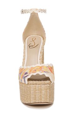 A raffia-wrapped platform and sky-high block heel lift a beachy ankle-strap sandal framed by dainty rickrack trim. 5 1/2" heel; 1 3/4" platform Adjustable ankle strap with buckle closure Textile upper/synthetic lining/rubber sole Imported Summer Beach Wedge Sandals With 4-inch Heel, Summer Vacation Sandals With 4-inch Heel, Summer Vacation Heels With 4-inch Heel, Cream Wedge Sandals With Heel Strap For Summer, Summer Cream Wedge Sandals With Heel Strap, Beige Sandals With 4-inch Heel For Summer, Platform Heels With Ankle Strap For Beach Season, Cream Heels For Summer Beach Occasion, Summer Beach Cream Heels