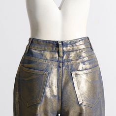 Shimmer your way to style with METALLIC FOIL OMBRE HIGH WAIST POCKET WIDE LEG BAGGY JEANS. These high-waisted wide leg jeans stand out with a unique metallic coating, perfect for adding a touch of fun to any outfit. Size Chart（CM）: Trendy High Waist Gold Pants, Gold Bottoms With Pockets For Fall, Casual High Waist Gold Pants, Casual Gold High Waist Pants, Trendy Gold Wide Leg Pants, Trendy Gold Wide-leg Bottoms, High Waist Gold Bottoms For Spring, Gold High Waist Bottoms For Spring, Spring High Waist Gold Pants