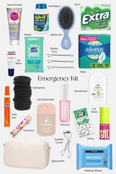 school kit girls feminine hygiene emergency bag must-haves essentials everything you'll need in case of emergencies at school #school #backtoschool #schoolkit #girly #aesthetic #organized #essentials High School Emergency Kit List, Necessities For School, Essentials Bag For School, Emergency Snack Kit, Emergency Kit Bag For School, What To Put In Ur Emergency Kit, School Care Bag, School Necessities Bag, Must Haves In Purse