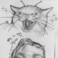 a drawing of two cats with their mouths open