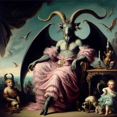 a painting of a demon sitting on a chair with two children in front of him