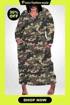 Casual African Camouflage Print V Neck Long Sleeve Pokcets Vacation Loose Maxi Dress Khaki V-neck Dress With Pockets, Casual Camouflage Dresses For Fall, Casual Camouflage Dresses For Spring, Casual Camouflage Dress For Spring, Casual Camouflage Dress For Fall, Casual Camouflage Fall Dresses, Casual Camouflage Dresses, Loose Maxi Dress, Maxi Dress Online