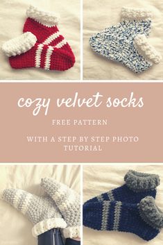 crocheted baby booties with text overlay that says cozy velvet socks free pattern