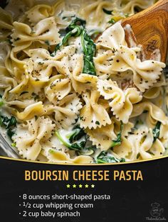 the recipe for boursin cheese pasta is shown in a bowl with a wooden spoon