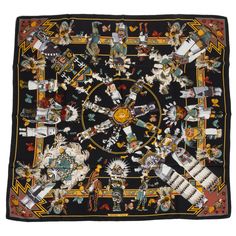 Hermès black and brown silk twill Kachinas scarf designed by Kermit Oliver. Hand-rolled edges. Doll Scarf, Black Silk Scarf, Black Indians, Kelly Bag, Hermes Scarf, Black Scarf, Brown Silk, Black Doll, Christian Lacroix