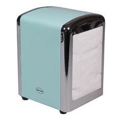 a small blue and silver refrigerator with tissue dispenser