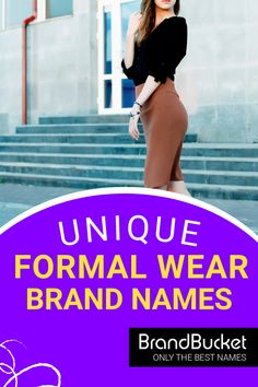 a woman is standing in front of some steps with the words unique formal wear brand names