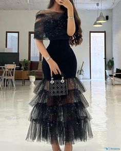 OrcaJump - Exquisite Glitter Adorned Layered Sheer Mesh Party Dress Form Fitting Black Dress, Mesh Party Dress, Maxi Rok, Glamorous Party, Black Party Dresses, فستان سهرة, Solid Color Dress, Black Evening Dresses, Long Summer Dresses