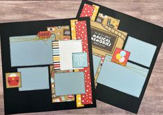 two scrapbook layouts with different papers on top of each other, one is black and the other is light blue