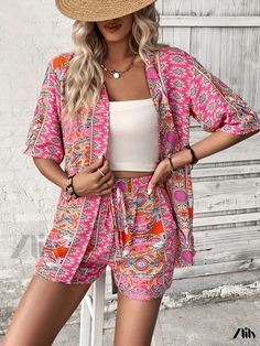 Zlily - Paisley Print Two-piece Set: Tribal Half Sleeve Open Front Kimono & Shorts – Exquisite Womens Fashion Ensemble Pink Short Sets For Day Out, Short Pink Sets For Day Out, Short Printed Beach Sets, Bohemian Printed Set For Day Out, Casual Patterned Sets For Vacation, Patterned Sets For Beach, Casual Patterned Vacation Sets, Patterned Beach Sets, Pink Summer Festival Sets