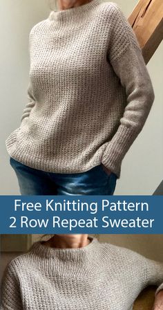 a woman wearing a sweater with the text free knitting pattern 2 row repeat sweater