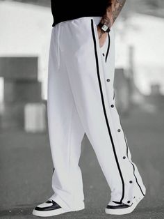 Men's Casual Sweatpants With Contrast Tape And Button On Side White    Fabric Striped Straight Leg Slight Stretch  Men Clothing, size features are:Bust: ,Length: ,Sleeve Length: Skor Sneakers, Girls Party Wear, Casual Sweatpants, Men's Sweatpants, Cool Outfits For Men, African Men Fashion, Mens Pants Fashion, Fashion Joggers, Mens Sweatpants