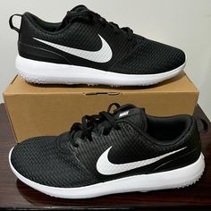 Nike Roshe G Spikeless Golf Shoes Cd6065-001 Black/White Mens Size 13 No Box Breathable Golf Sneakers, White Sole Low-top Golf Shoes, Casual Golf Sneakers With Boost Midsole, Nike Functional Golf Shoes, Nike Functional Golf Shoes For Sports, Low-top Golf Sneakers With Cushioned Footbed, Functional Golf Shoes With White Sole, Functional Low-top Golf Sneakers, Sporty Synthetic Golf Sneakers