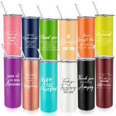 many different colored tumblers with the words thank you for being awesome and someone else