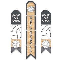 two volleyball banners with the words bump set spike and volley ball on each one side