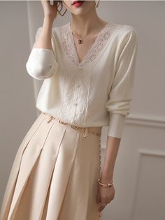 V-Neck Lace Stitching Long Sleeve Sweater, Apricot / One size Elegant Cream V-neck Sweater, Elegant Cream V-neck Sweater For Spring, Elegant White V-neck Sweater, Elegant White V-neck Sweater For Spring, Cream V-neck Sweater For Layering, Elegant Beige V-neck Sweater, White V-neck Cardigan, One Piece & Sets, Style Cardigan