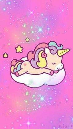 a cartoon unicorn laying on top of a cloud with stars in the sky behind it