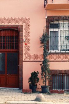 a cat sitting on the sidewalk in front of a pink building with red doors and windows