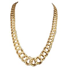 Offered by Alex & Co a refined Italian made double open oval link necklace. This chunky statement piece is crafted in 14 karat yellow gold and measures 21mm at its widest point at the center and tapers to 12mm. This very flexible piece is high polished throughout. The necklace measures 18.50 inches in length, weighs 57.46 grams and is secured by a lobster clasp. There is a hallmark and stamp "14K" "ITALY" Alex & Co founded in the greater Boston area for over 40 years, has been synonymous for fin Luxury Gold-tone Oval Link Necklace, Gold Link, Link Necklace, 40 Years, Precious Metals, Jewellery And Watches, Original Design, Statement Pieces, Lobster Clasp