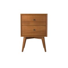 a wooden nightstand with two drawers on one side and an open drawer on the other