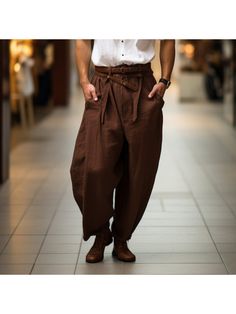 Men Linen Pants, Men's Oversized Breathable Loose Linen Casual Pants Baggy Brown Harem Pants With Pockets, Baggy Brown Tapered Leg Bottoms, Baggy Brown Bottoms With Tapered Leg, Brown Baggy Tapered Leg Bottoms, Baggy Brown Ankle Pants, Brown Relaxed Fit Harem Pants With Tapered Leg, Baggy Brown Trousers, Brown Tapered Leg Harem Pants With Relaxed Fit, Brown Baggy Tapered Leg Harem Pants