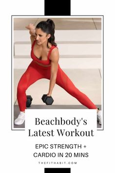 a woman in red workout clothes and white sneakers with the words beach body's latest workout